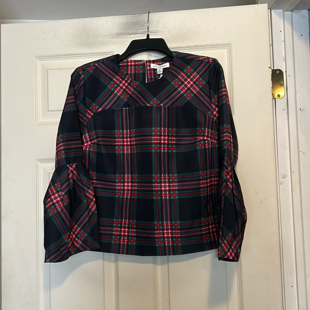 Plaid Long-Sleeve Blouse - Navy, Red & Green